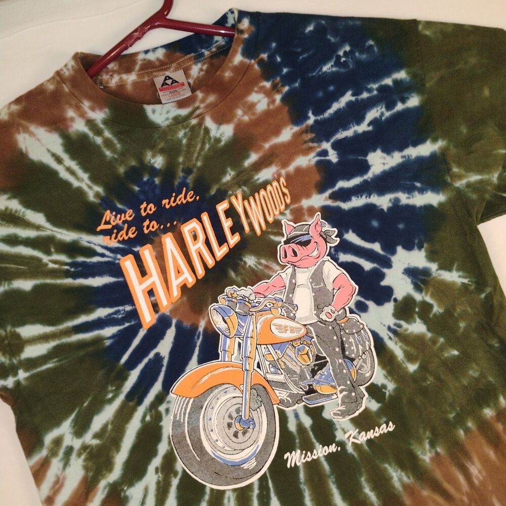 VTG Harley Woods, Mission Kansas Tie-Dye T-Shirt Mens L Harley-Davidson Cycles